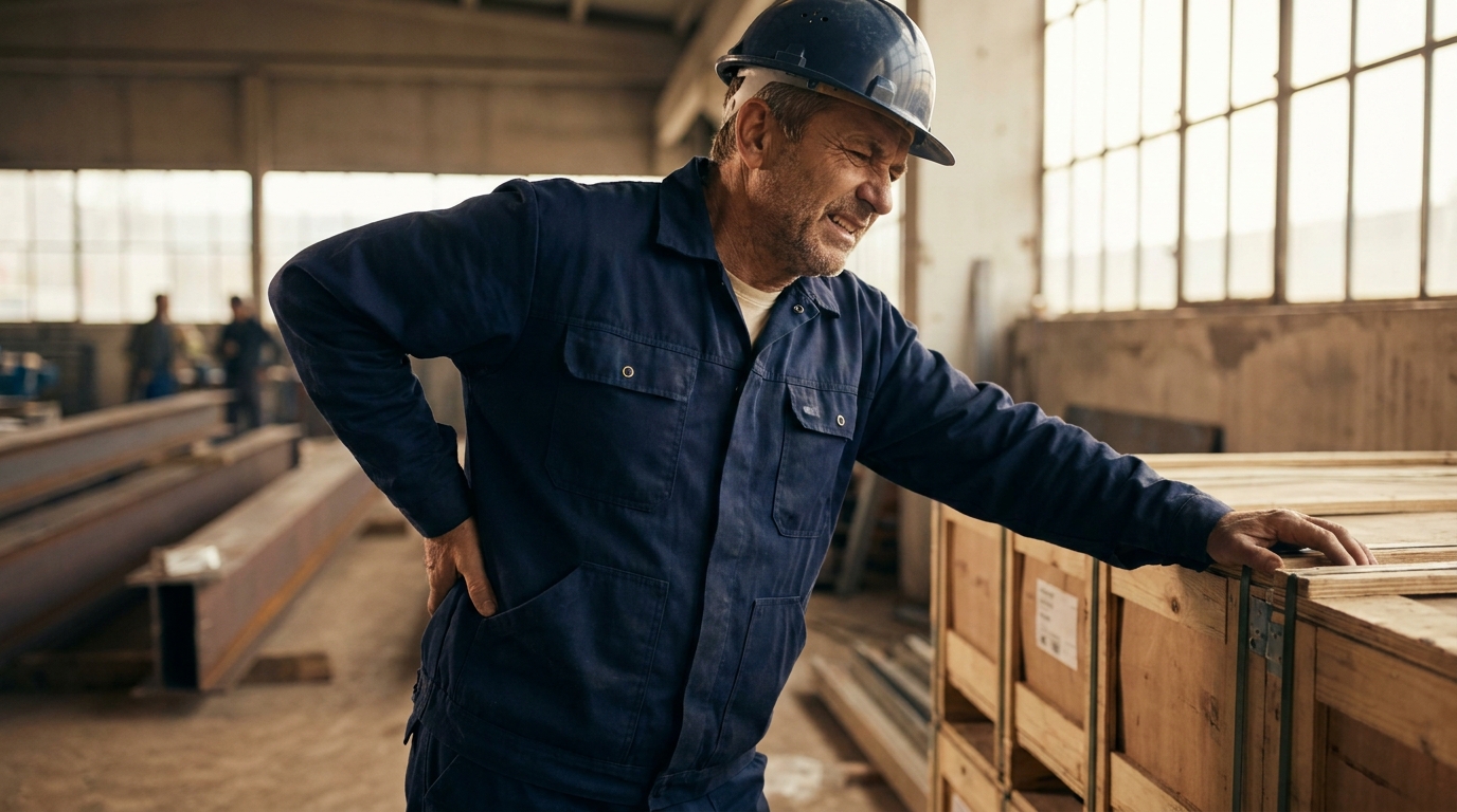 Trabajador con casco y ropa de trabajo sujetándose el hombro con gesto de dolor en un entorno industrial con luz cálida.
