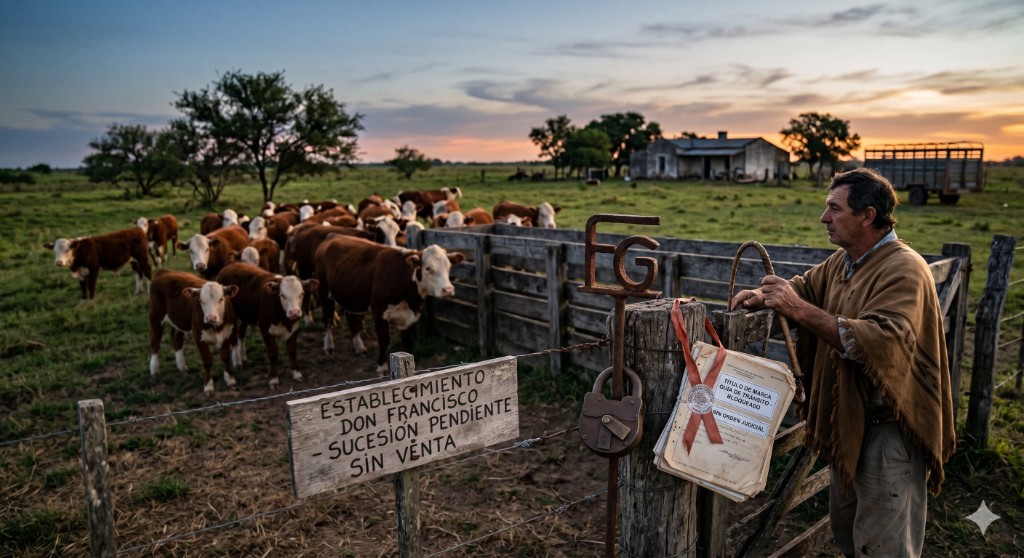 Estancia ganadera al atardecer: cartel de sucesión pendiente, documentación atada al poste y hacienda en el fondo.