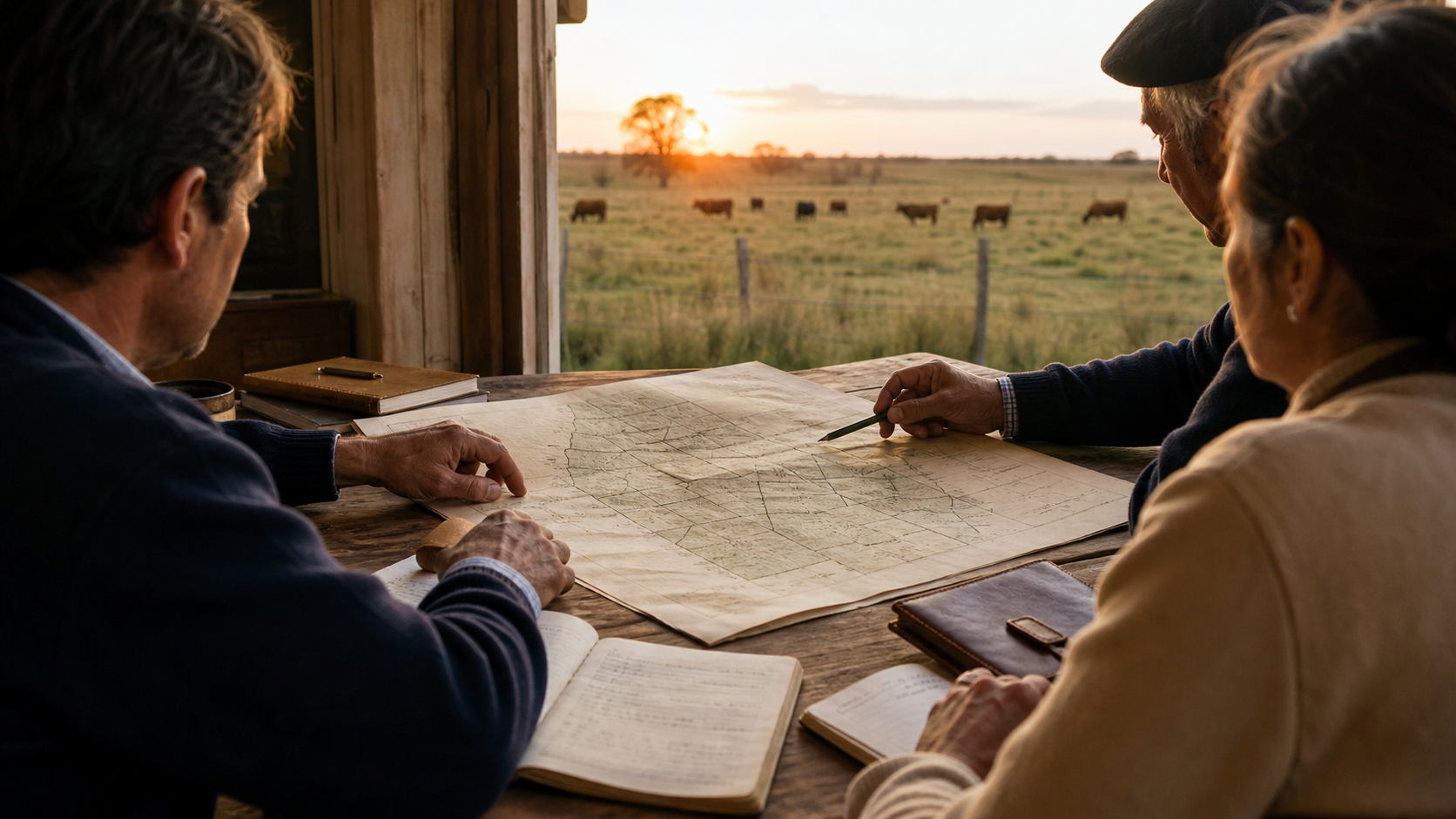 Tres hermanos revisan un plano rural y documentos frente a un campo ganadero al atardecer.