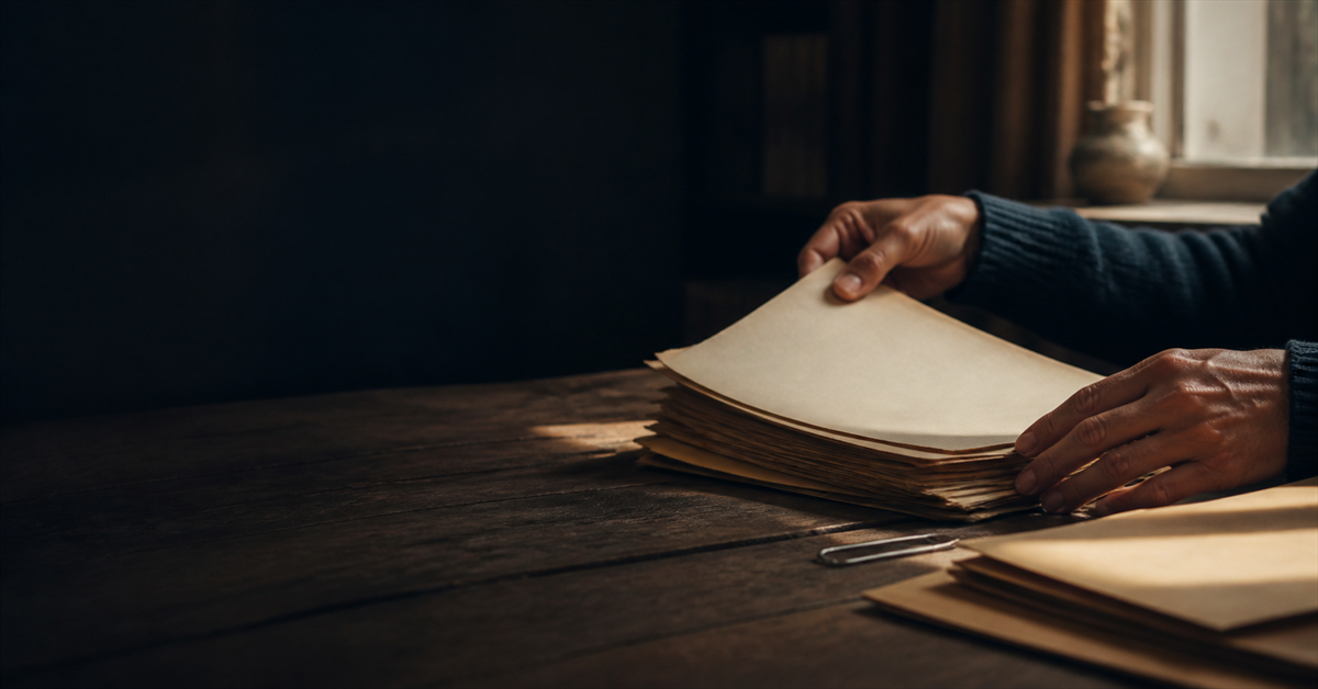 Manos ordenando documentos de una sucesión sobre una mesa de madera.