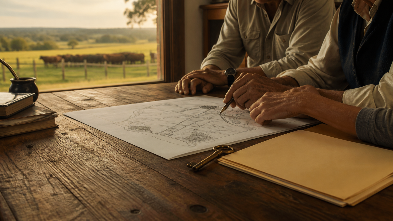 Familia reunida revisando el plano de un establecimiento rural frente a un campo ganadero.